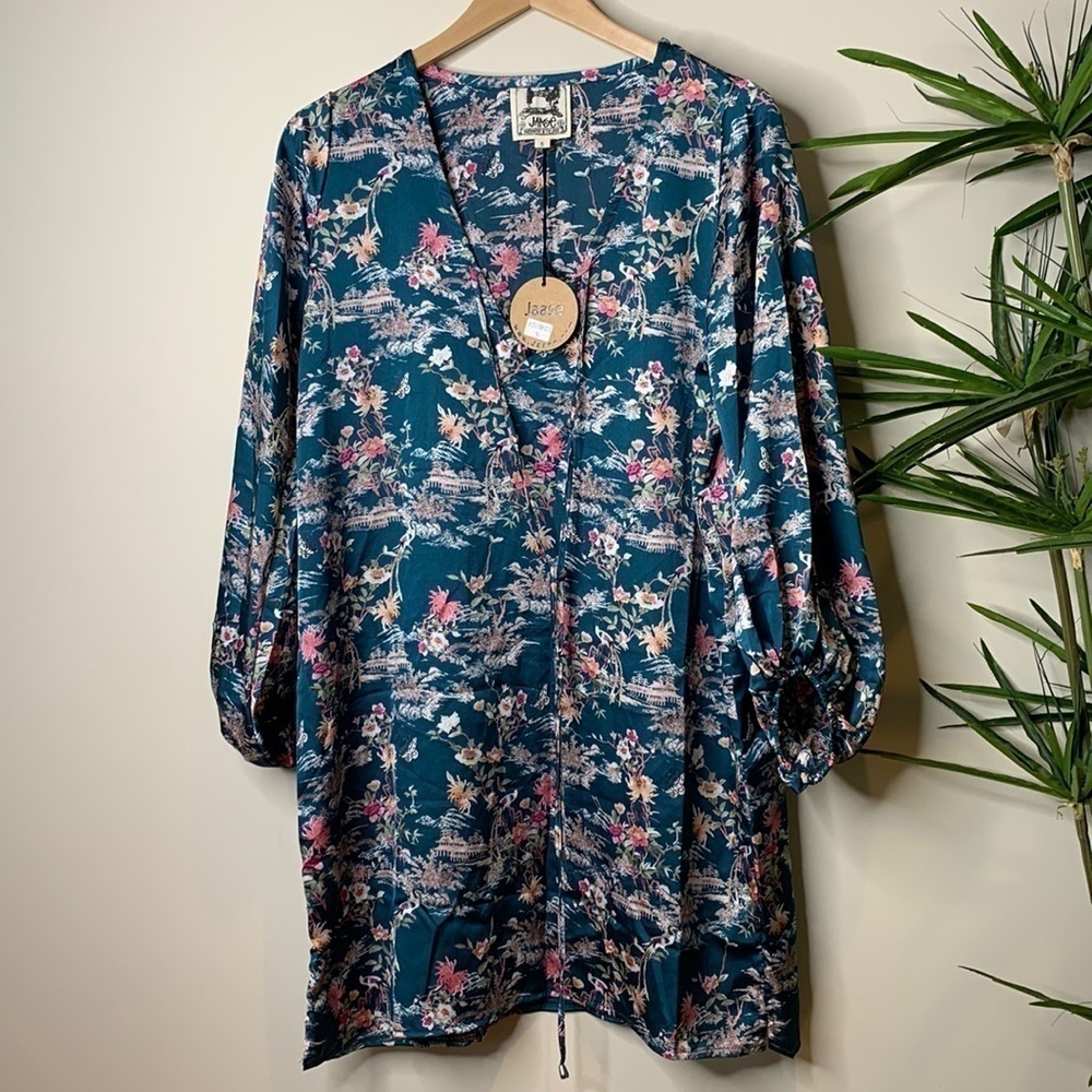Jaase | Boho Weekend Beach Balloon Sleeve Asian Print V-Neck Tunic Dress NWT S